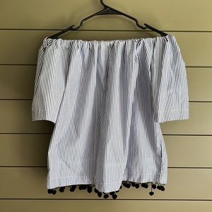 Style Envy Off the Shoulder White and Blue Pin Stripe Shirt with Pom Poms! M.